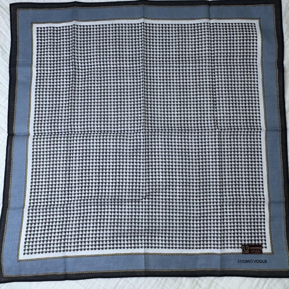 L'Uomo Vogue Scarf Handkerchief Houndstooth Cotton Blue White Rope Border 17"